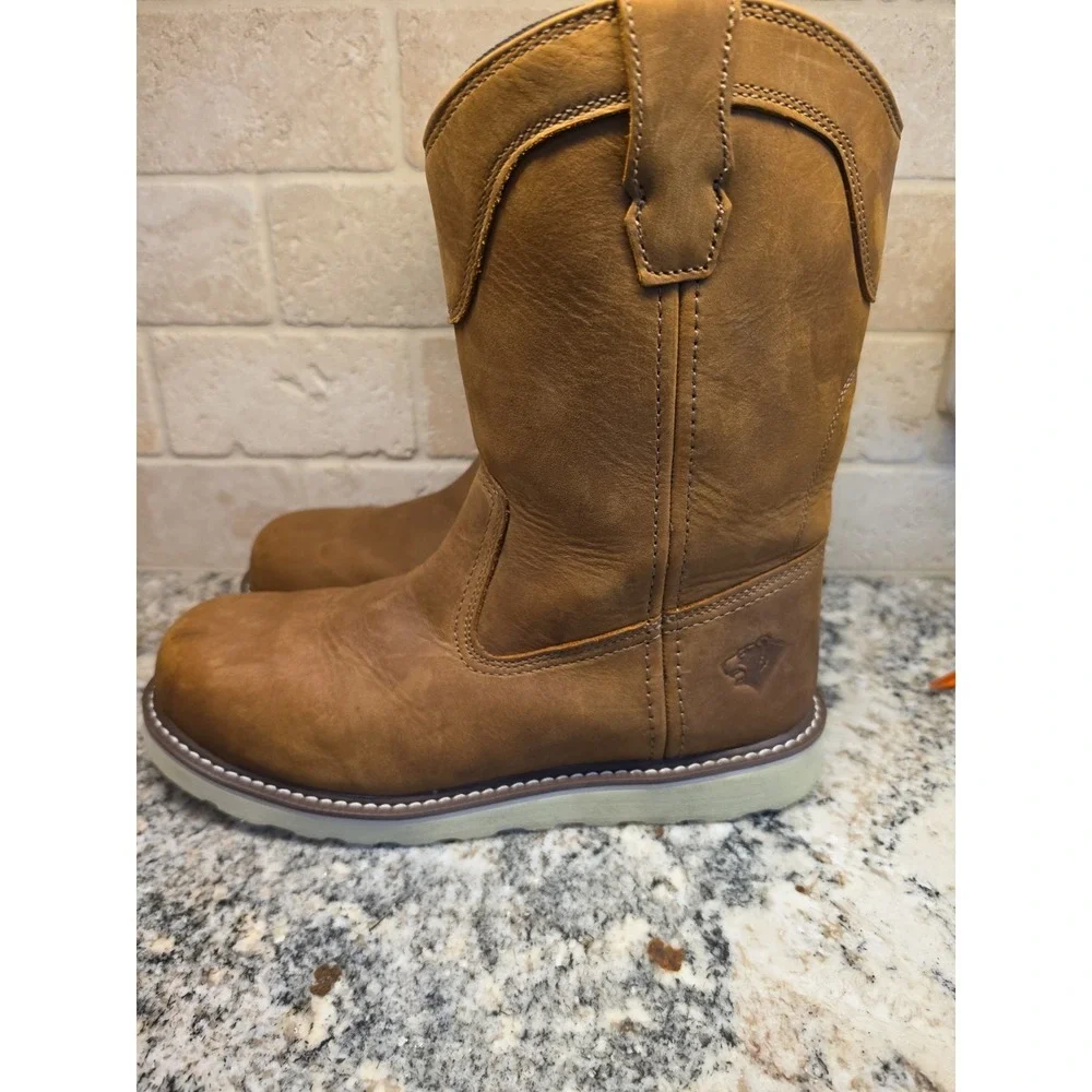 Mens Light Brown Work Boots Leather Oil Resistant Pull On Wedge Steel Toe Sz 8.5